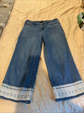 Susan Graver Blue Wide-Leg Jeans with White Crochet Hem